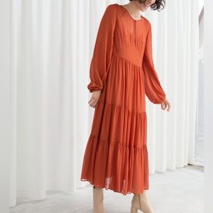 & Other Stories Orange Rust Long Sleeve Ruffle Tier Maxi Midi Dress